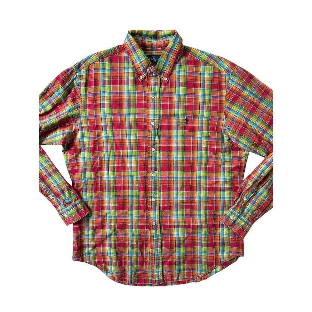 Ralph Lauren Linen Blend Long Sleeve Button Down Vibrant Plaid Blue‎ Pony Mens L